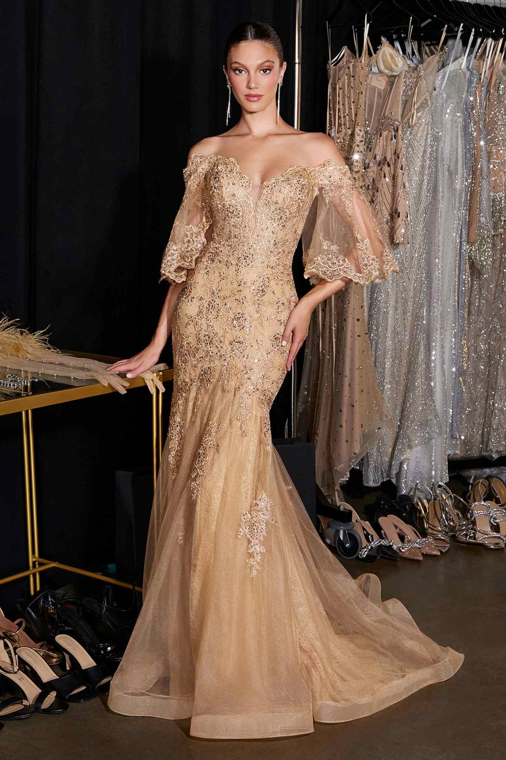 Ladivine CD659 Off the Shoulder Bell Sleeves Fitted Mermaid Gown
